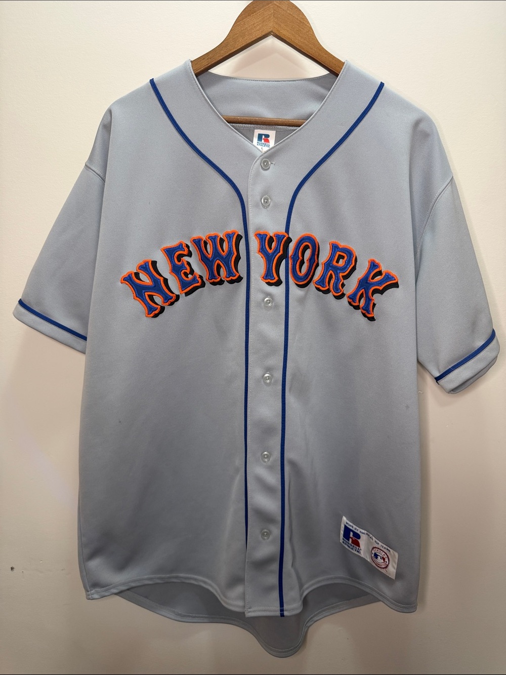 Y2K Russell Athletic MensNew York Baseball Jersey - Gray with Blue & Orange 32x2